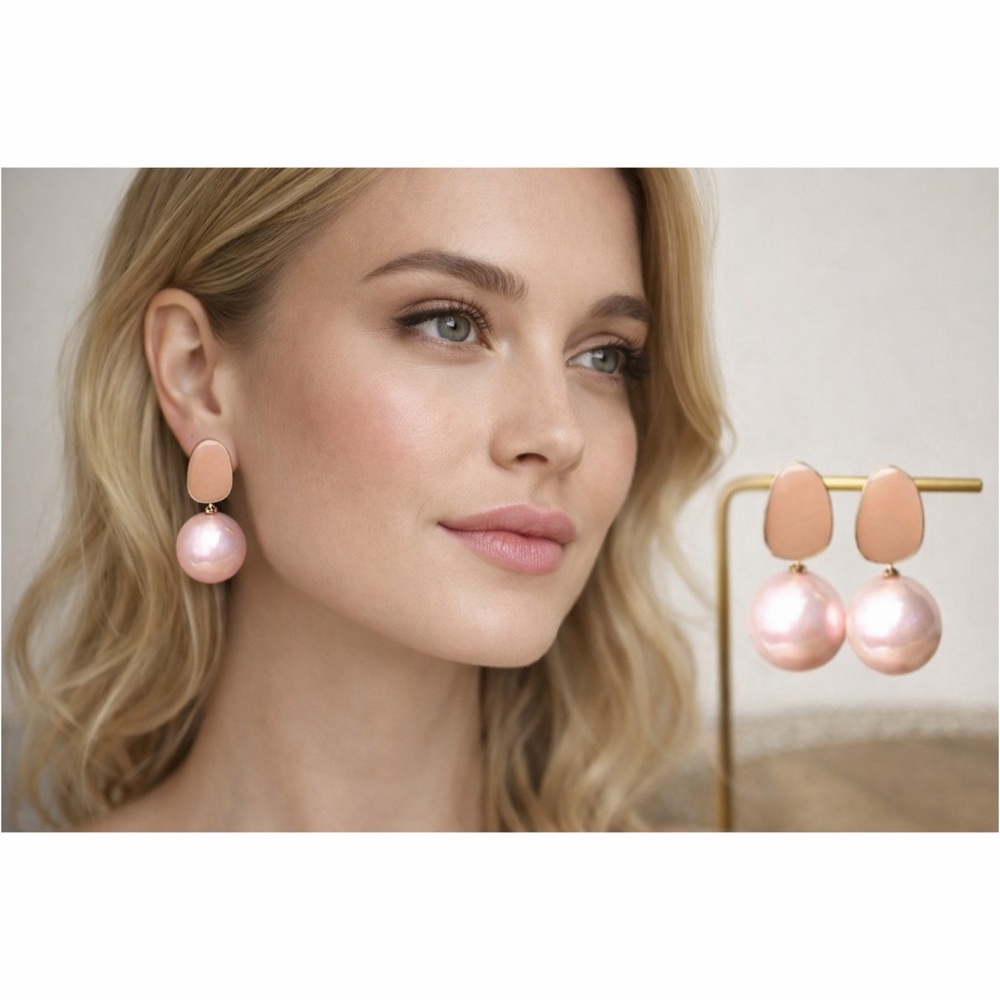 Pink Pearl Drop Earrings Gold Tone Stud Statement Luxury Chic‎